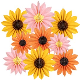 PAPER JAZZ Sunflower Party Decorations Paper Fans Board Decor Summer Orange Pink Sunflower Decor Yellow Hanging Fans Flower Garland Sunflower Wall Decorations for Birthday Wedding Baby Shower