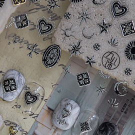 Silver Nail Stickers Star Moon Nail Art Decals with Metal Design Figure Nail Art Stickers 5D Embossed Self Adhesive Nails Charms for Women Girls Kid Manicure DIY Supply Decoration