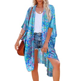 Hibluco Women's Long Floral Kimono Printed Cardigan Sheer Swimsuit Cover Ups