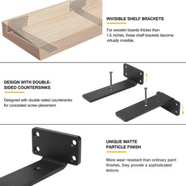 HITOMEN Heavy Duty Floating Shelf Brackets, 6-Inch (1/5'' Thick) Hidden Shelves Hardware, Iron L Brackets, Rustic Industrial Black Metal Wall Shelving Supports, 8 Pack