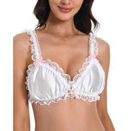 Satini Sissy Frilly Lace Fitted Satin Bralette Bra (White, M)
