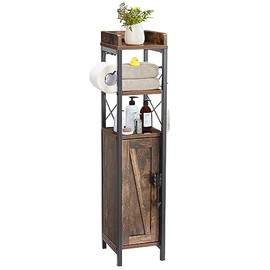 VECELO Small Cabinet, Slim Toilet Paper Holder with Door & 2 Shelves, Upgraded Narrow Storage Organizer for Restroom Bathroom Tiny Space,Fenced Top Waterproof Coating, Rustic Brown