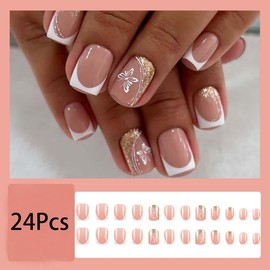24Pcs Short Press on Nails Square Fake Nails Cute Butterfly Glue on Nails Glitter Gold Design Artificial False Nails Nude Pink Acrylic Nails Reusable Stick on Nails for Women Spring Summer Manicure
