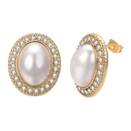 Aleasha Big Pearl Earrings for Women White Mabe Pearl CZ Stud Vintage Gold Earrings Jewelry