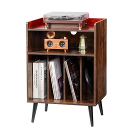 Happybuy Record Player Stand, with LED Light, 3 Tiers Turntable Stand with Charging Station & USB Ports, Holds up to 150 Albums, Vinyl Record Storage Cabinet with Display Shelf