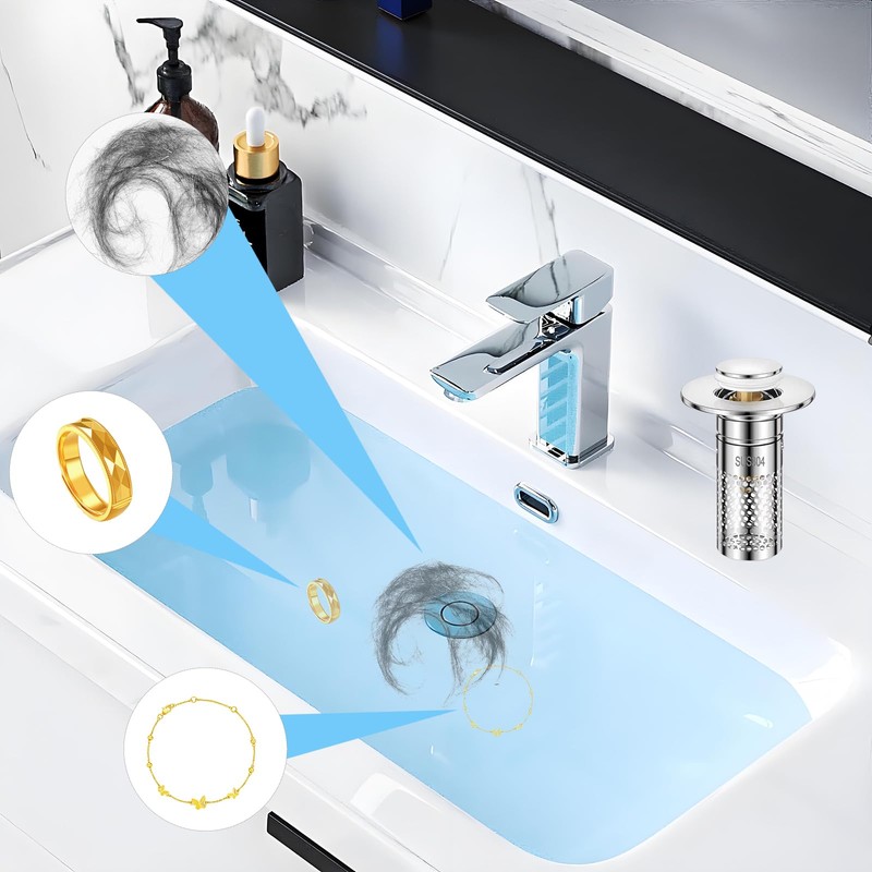 Bathroom Sink Stopper with Hair Catcher, 2Pcs Pop Up Sink