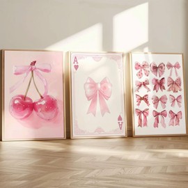 champracer Set of 3 Pink Poster Set Pictures Bedroom Poster Aesthetic Room Decoration Girls Aesthetic Pink Bow Tie Cherry Wall Pictures Without Frame (21 x 30 cm)