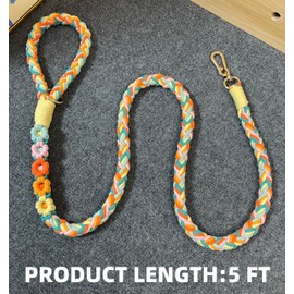 Handmade 5ft Braided Cotton Dog Leash with Unique Floral Handle, Durable and Stylish, Ideal for Small to Large Dogs,Rainbow Mix