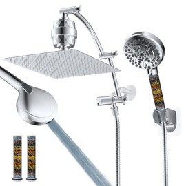 Hibbent All Metal 12'' Dual Filtered Rainfall Shower Head Combo, High Pressure Handheld Shower Head with 16'' Adjustable Arc Extension Arm, 20 Stage Shower Filter, 10-spray, 71'' Shower Hose, Chrome