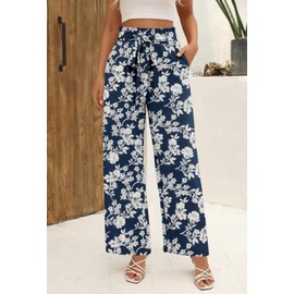 Angerella Floral Blue Pants for Women Ladies Wide Leg Pants with Pockets High Waisted Palazzo Lounge Pants M