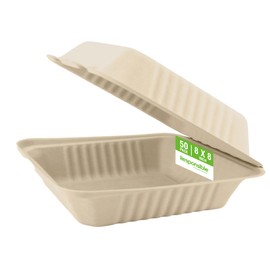 Responsible Products 8 inch Hinged Containers, Tree-Less™ Compostable Molded Fiber Takeout Containers, Extra Strength, Tree-Free and Made Without PFAS, Natural Brown (50 Count)