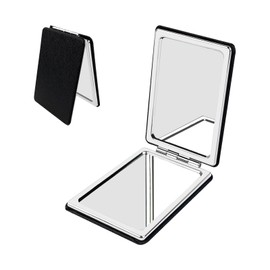 YOLCAR Portable Beauty Mirror with Leather Cover, 1X/2X Two-Sided Makeup Small Pocket Mirror, Portable for Travel and Purses - Black