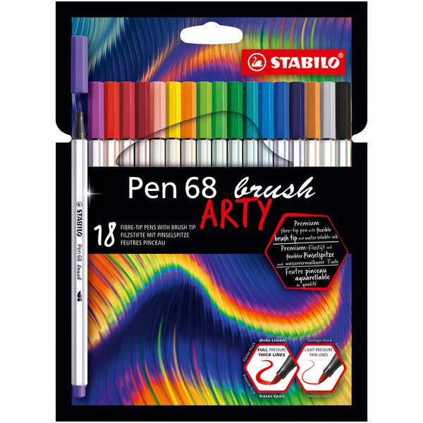 Premium Fibre-Tip Pen - STABILO Pen 68 brush ARTY Wallet of 18 Assorted Colours