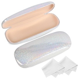 Joyberg Glasses Case, 2 Pack Eyeglass Case with Cleaning Cloth, Sparkling Shiny Glasses Case Hard Shell Fits Most Glasses (White)