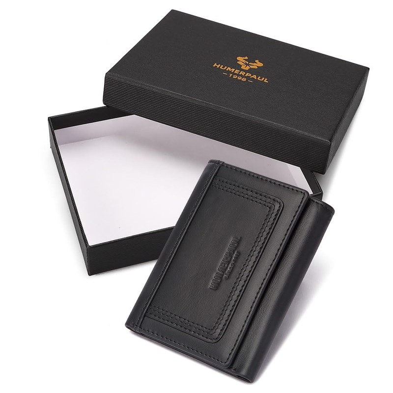 HUMERPAUL Men's RFID Blocking Tri-Fold Genuine Leather Wallet with 9