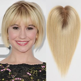 HAIRCUBE Human Hair Toppers For Women, 100% Remy With Bangs, 150% Density Silk Base Clip In 7 * 13cm Topper 10 inch 35g - Ombre Light Blonde.