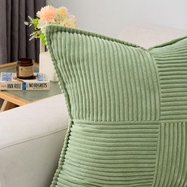 HAUSSY Sage Green Throw Pillow Covers 18x18 Inch Set of 2,Soft Solid Corduroy Striped/Wide Bordered,Square Decorative Cushion Case,Winter Home Decorations for Couch,Bed