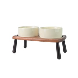 SPUNKYJUNKY Ceramic Elevated Dog Bowls Raised with Acacia Bamboo Wooden Stand, 6.1'' Dog and Cat Food Water Bowls Set Non-Slip for Small Medium Sized Breed Microwave Dishwasher Safe - 28.7 OZ,Beige