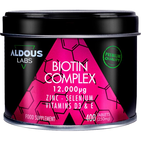 Biotin 12000mcg | 400 Tablets of 250mg | Hair, Skin and Nails | Zinc, Selenium, Vitamin D3, Vitamin E | Treatment +12 Months | Made in Europe