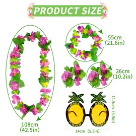 Hawaiian Leis Chain Set, 5 Pieces Luau Flower Garland Necklace Pineapple Sunglasses Headbands Bracelets, Colourful Ruffle Flowers, Tropical Summer Theme Dress Party Decorations, Beach Holiday Birthday