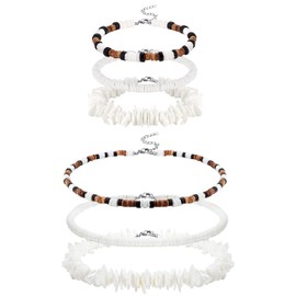 Kakonia 6 Pcs Sufer Puka Necklace and Bracelet for Men Women Surfer Hawaiian Sea Summer Beach Pooka Clam Chip Choker Necklace Bracelet Set