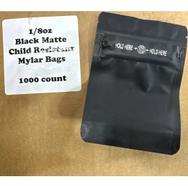 1/8 oz Flat Black Mylar Zipper Resealable Bags Child Resistant 1000 Count