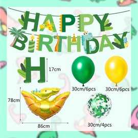 Dino Birthday Decoration Set, XXL Dinosaur Foil Balloons with Happy Birthday Garland, Dino Party Children's Birthday, Balloons Green Yellow for Dinosaur Jungle Party Birthday Decoration Boy