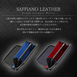 GROOVE GEAR ggs-1014 Men's Long Wallet, Saffiano Leather, Round Zipper, Holds 20 Cards, Large Capacity, Full Open, 180 Degree Open, navy/red