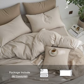 MooMee Bedding Duvet Cover Set 100% Washed Cotton Linen Twill Thick Sturdy Material Super Soft Breathable Durable for All Season 3 Pieces (Cream Grey, Full)