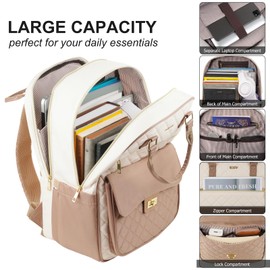 RJEU School Backpack for Teen Girl,Aesthetic Schoolbag Bookbag with 15.6-Inch-Laptop Compartment for Women College Student Work Travel Nurse Teacher,Khaki-Beige