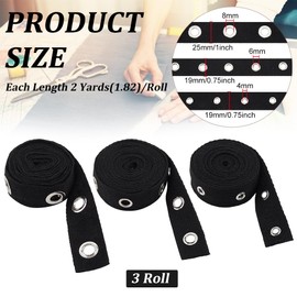 BENECREAT 6 Yards Black Cotton Grommet Eyelet Twill Tape Trim, 3 Sizes Cotton Snap Button Trim Silver Metal Eyelet Ring Ribbon Strip for Sewing Crafts Making, 2 Yards/Size