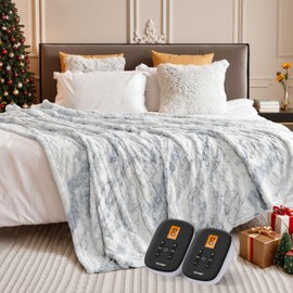 WOOMER Heated Blanket King Size 100" x 90", Electric Blanket with Dual Controllers, 0.5-12 Hours Timer & 10 Heating Levels, ETL Certified, Marble Blue Double-Sided Faux Fur, Machine Washable