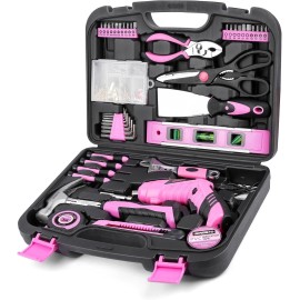 URASISTO Pink Household Tool Set with 3.6V USB Electric Screwdriver,13