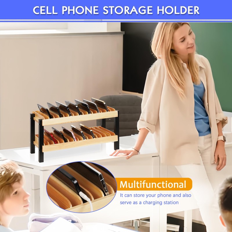 Echaprey 30-Grid Wooden Cell Phone Holder Desktop Multiple Classroom Cell