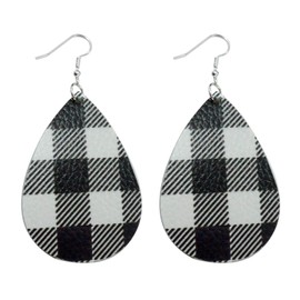 ROSTIVO Christmas Earrings for Women Buffalo Plaid Earrings Cute Leather Earrings Teardrop Danlge Earrings Holiday Earrings (Black and White)