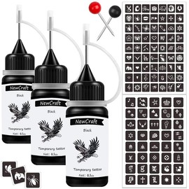 Art Painting Kit Semi Permanent Tattoo Ink Freehand Gel 103 Pcs Free Stencils, DIY Fake Freckles, Full Kit 3 Bottles - Color: black3