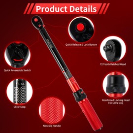 Hairich 3/8-Inch Torque Wrench, Dual-direction Torque Wrenches 10-100ft.lb/13.6-135.6Nm, 72-Tooth Dual Range Scales Torque Wrench with Quick Release Reversible Head