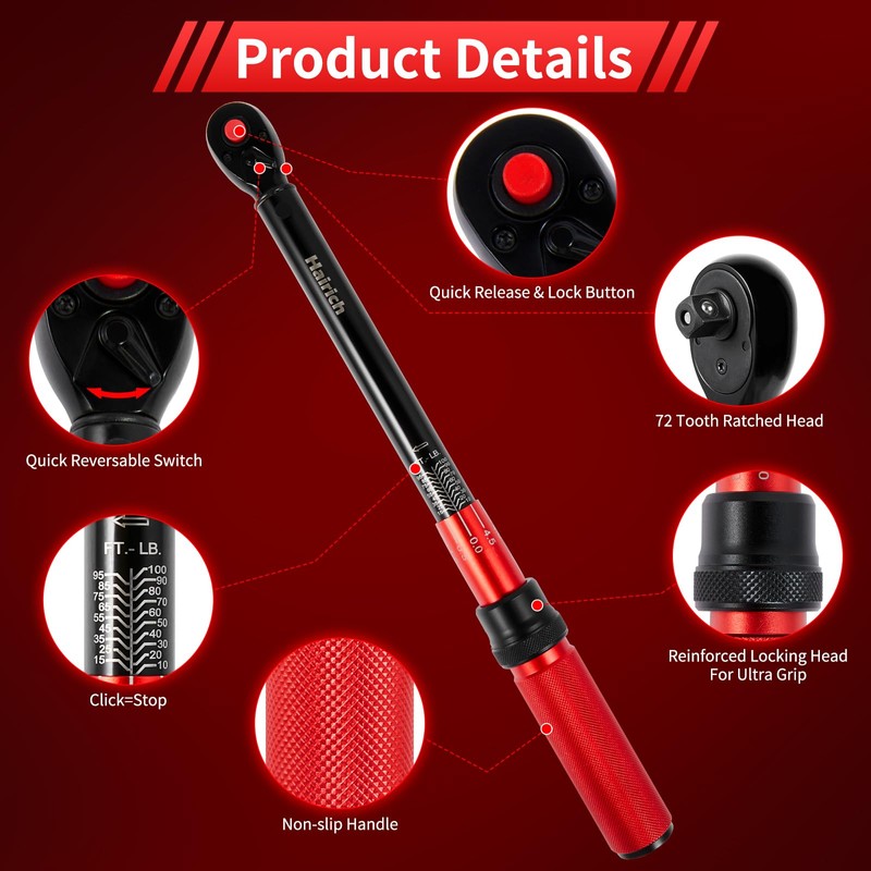 Hairich 3/8-Inch Torque Wrench, Dual-direction Torque Wrenches 10-100ft.lb/13.6-135.6Nm, 72-Tooth Dual