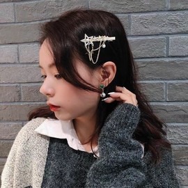 Sweet Chic Women's Light Luxury Pentagram Star Tassel Hair Pin with CZ and Pearl Pearl Pin (Silver) 5ea