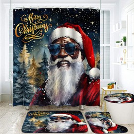 4Pcs Christmas Shower Curtain Set Funny Santa Claus Bathroom Sets with Non-Slip Rugs, Toilet Lid Cover and Bath Mat Vintage Humor Black African American Christmas Holiday Curtain Bath Xmas Home Decor