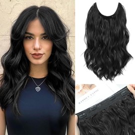 Morichy Invisible Wire Hair Extensions 14inch Short Wavy Synthetic Halos Hair Extension with Transparent Wire Adjustable Size 4 Secure Clips Natural Black Hairpieces for Women (Natural Black)