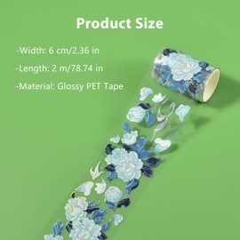 Valtiner Washi Tape, PET Decorative Adhesive Crafts Tapes for Journals Planners Scrapbook Supplies, Floral Transparent Designed Stickers DIY Waterproof Arts (Blue Flower)