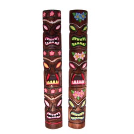 Wowser Artisanal Hawaiin Style Tiki Masks, Set of 2, Assorted Designs, Unique Tiki Bar Accessory, 39 Inches