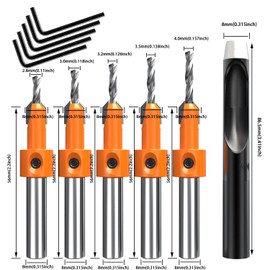 HUHAO 8mm Shank Countersink Drill Bit Set 2.8-4mmTapered Drill Bits Woodworking Carpentry Reamer with Pilot Screw Hole 5 Size Drill Bit Set with Hole Punch for Wood（5 PCS Free Hex Key Wrench）