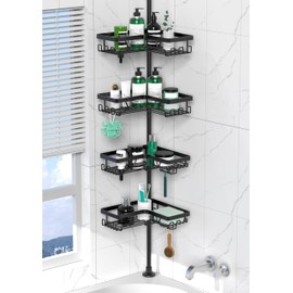 DAOYA Corner Shower Caddy Tension Pole - 4 Tier Stainless Steel Rustproof Shower Corner Caddy for Bathtub Bathroom Shower Organizer Shelves Adjustable Pole 25-114.2 Inch Black