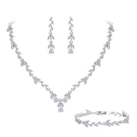 EVER FAITH Wedding Bridal Jewelry Set for Women,Leaf Marquise Teardrop Cubic Zirconia Necklace Bracelet Dangle Earrings for Bride Bridesmaid