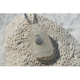 DejaVu Designs Genuine Frosted Sea Glass Necklace with a Silver Clam Shell Charm on a Sterling Silver Box Chain