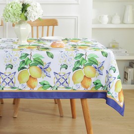 Honellaty Summer Outdoor Rectangle Tablecloth, Mediterranean Blue Lemon Print Table Cloth, Spill-Proof Wrinkle Free Polyester Table Cover for Dining, Party, Patio 60 * 120 Yellow Lemon