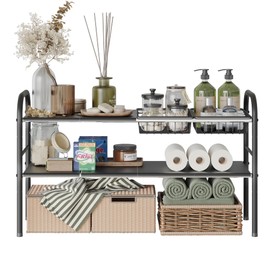 NETEL Under Sink Organizers, 2 Tier Expandable Cabinet Shelf with 2 Baskets and 6 Panels,Cupboard Organizers and Storage, Expandable Shelf for Kitchen