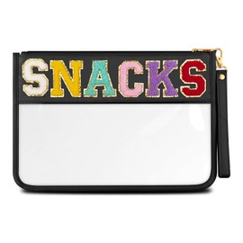 HANAMO Chenille Letter Clear Bag, Chenille Letter Stuff Pouch Nylon Cosmetic Bag Zipper Pouches Clear Makeup Bags Travel Bags for Women Girls (Deepback-snacks)
